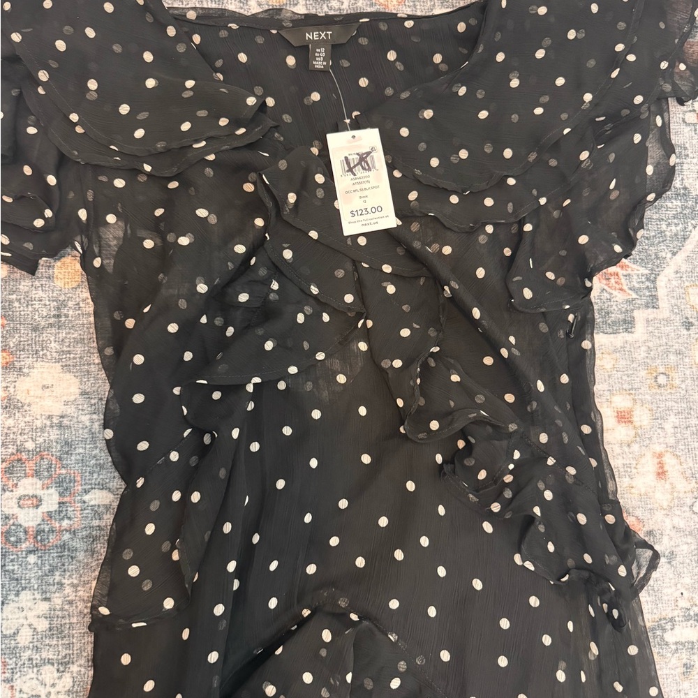 Next Black/White Polka Dot Short Sleeve Mesh Ruffle Maxi Dress NWT Sz US 8 - Picture 2 of 4